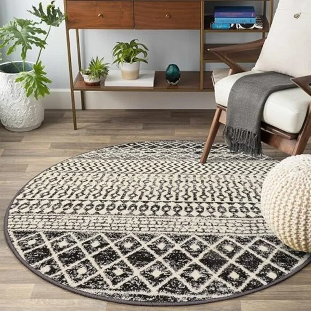 Moroccan Round Rug 3ft, Distressed Entryway Rug Non-Slip Circle Rug